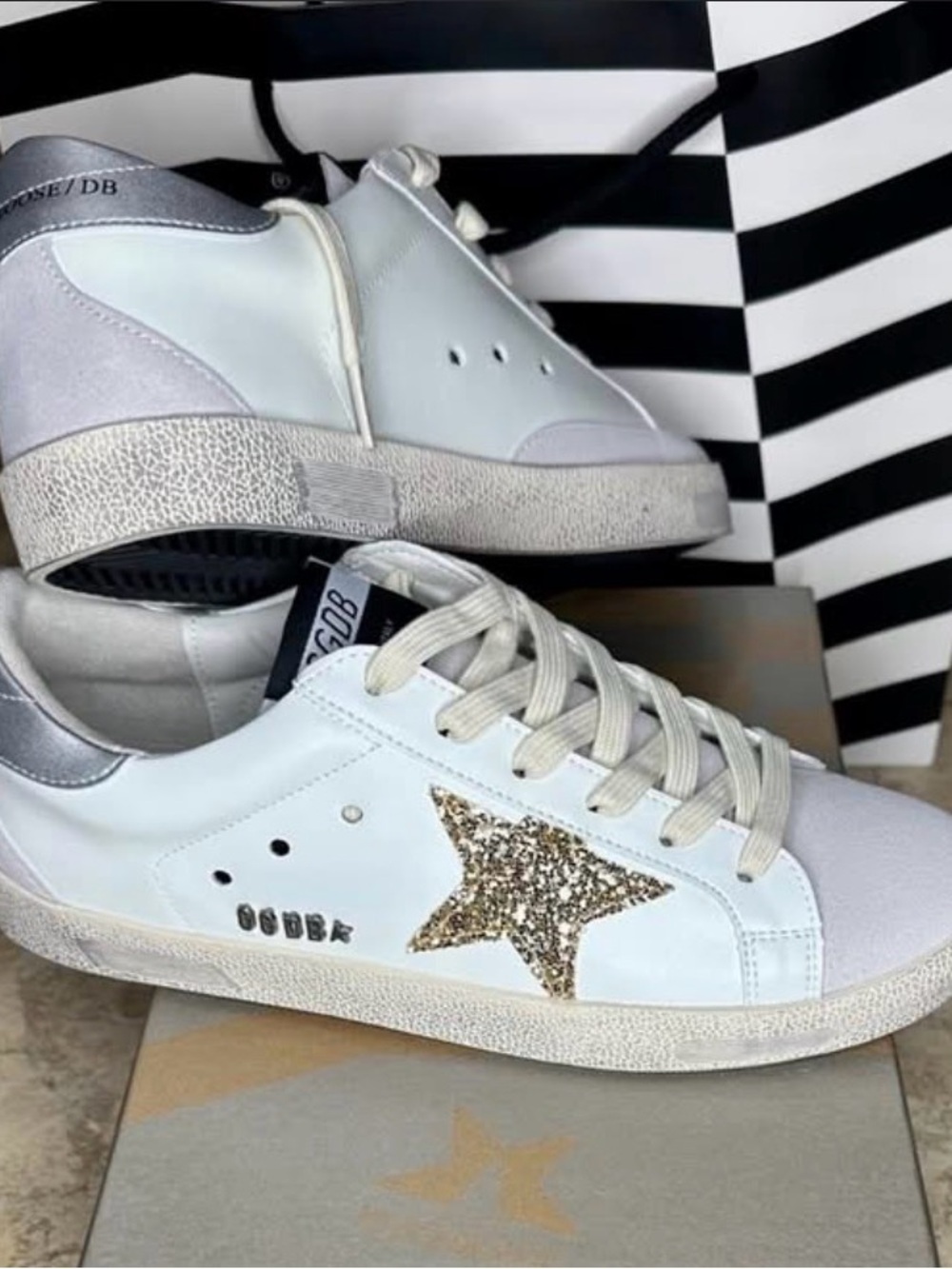 Golden Goose White with Gold Glitter Star
